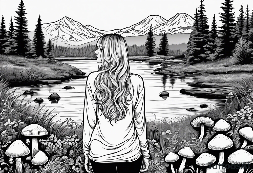 Whole picture encircled fully

Straight long blonde hair hippie girl in distance holding mushrooms in hand facing away toward mountains and creek surrounded by mushrooms long sleeve shirt and hiking pants; whole rendering within a full circle, no cut off circle tattoo idea
