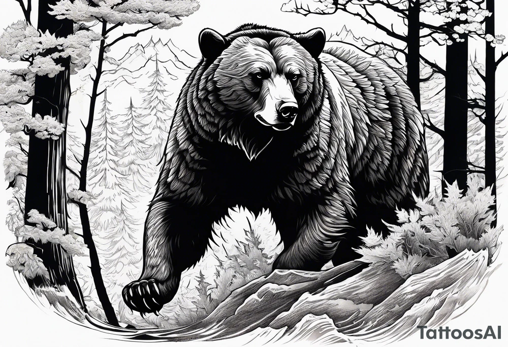 Hunter in the woods being attacked by a bear tattoo idea