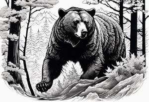 Hunter in the woods being attacked by a bear tattoo idea