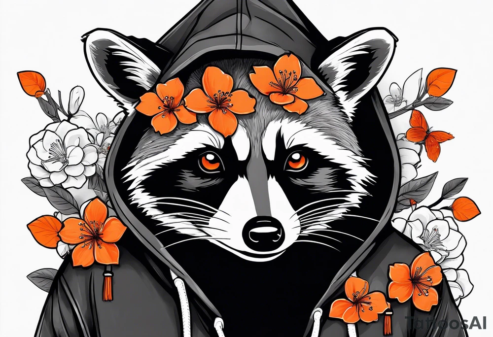 Raccoon wearing a white Superman logo on a black hoodie and orange Japanese cherry blossoms beside tattoo idea