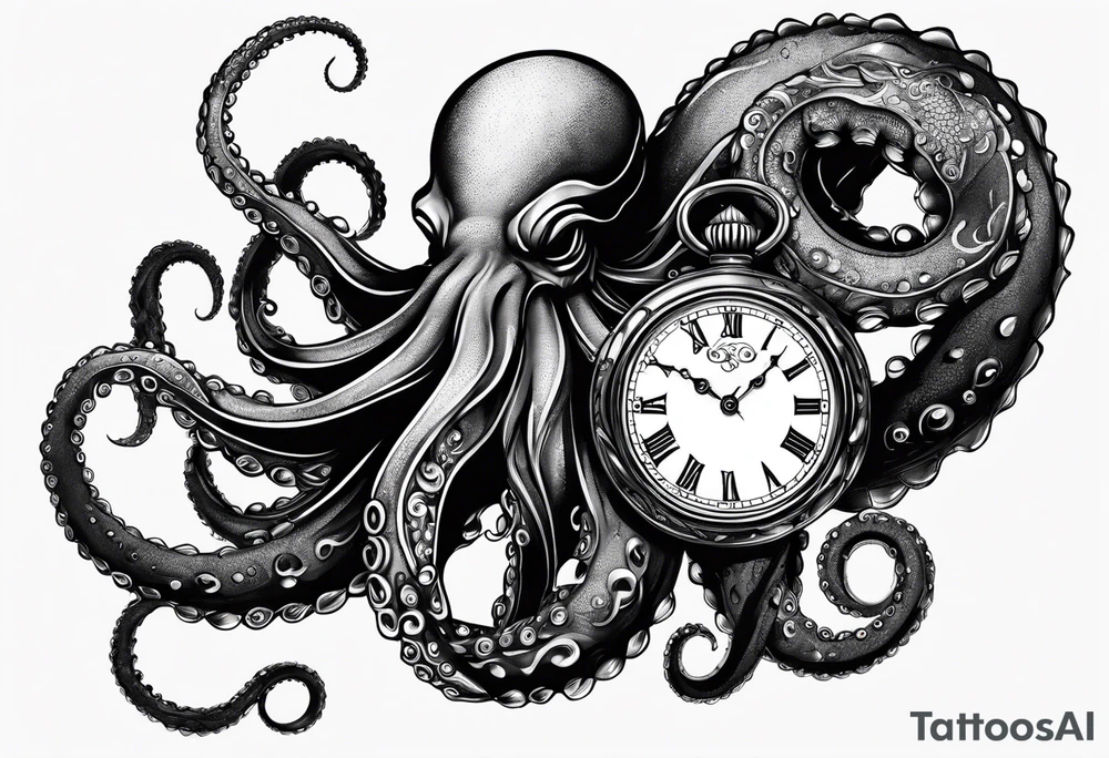 to be drawn in the arm, pocket watch wrapped under an aggressive octopus in side view tattoo idea