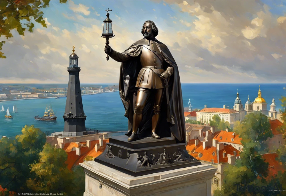 In the foreground stands the majestic figure of Duke de Richelieu, the renowned governor, pointing forward as if commanding the waves of the Black Sea. Surrounding him are symbols of Odesa - a ship's wheel representing the city's maritime heritage, a lighthouse beacon guiding seafarers, and the monumental Potemkin Stairs descending to the port. In the background, the waves of the Black Sea, intrinsic to Odesa's coastal identity, seem to applaud its grandeur. This tattoo embodies the unique spirit of Odesa, its rich history, and inseparable bond with the sea. tattoo idea