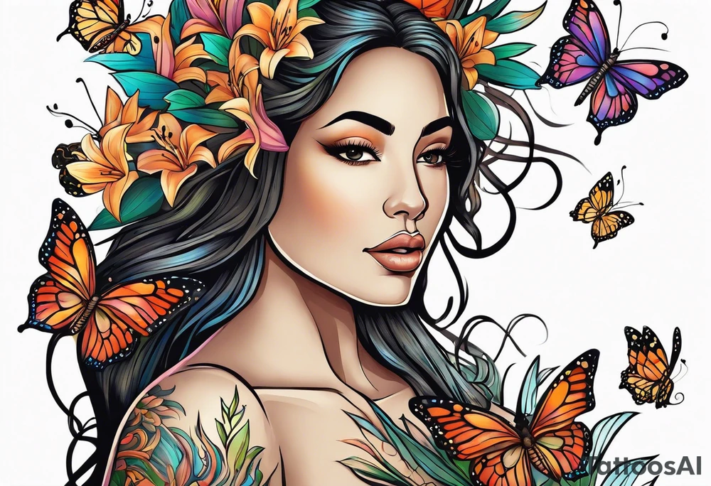 Forward-facing, portrait full length of Hispanic wood nymph made or bark and branches standing upright.  Butterflies in background. Lillies near her feet with colorful vegetation. tattoo idea