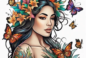 Forward-facing, portrait full length of Hispanic wood nymph made or bark and branches standing upright.  Butterflies in background. Lillies near her feet with colorful vegetation. tattoo idea