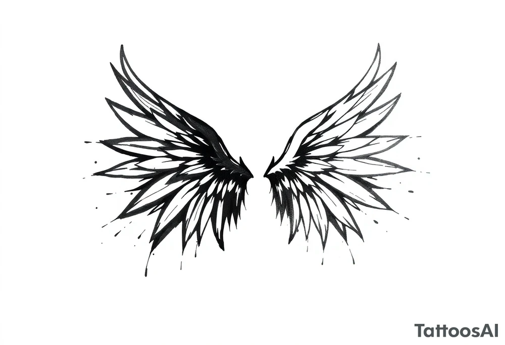 the wings go up

This tattoo design features a pair symmetrical angel wings drawn in black ink with a rough, sketch-like style. The left wing is darker, more defined, and appears denser, while the right wing is lighter, more delicate, and fragmented, creating a contrast between the two. The feathers are sharp and irregular, with fine lines and stray strokes extending outward, adding a raw and artistic feel. The overall look is dynamic and slightly chaotic, giving the impression of movement or an unfinished, ethereal form. This design symbolizes duality, freedom, transformation, or even struggle, making it a meaningful and visually striking tattoo. tattoo idea