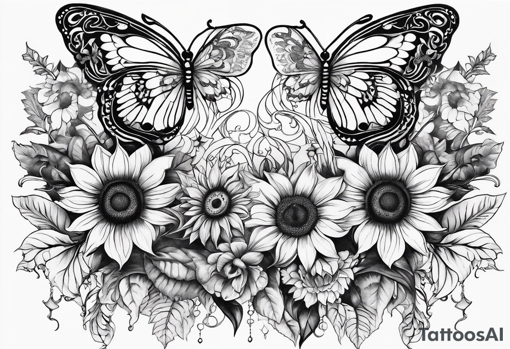 arm sleeve with winged cross, rainbow sunflowers and butterflies tattoo idea