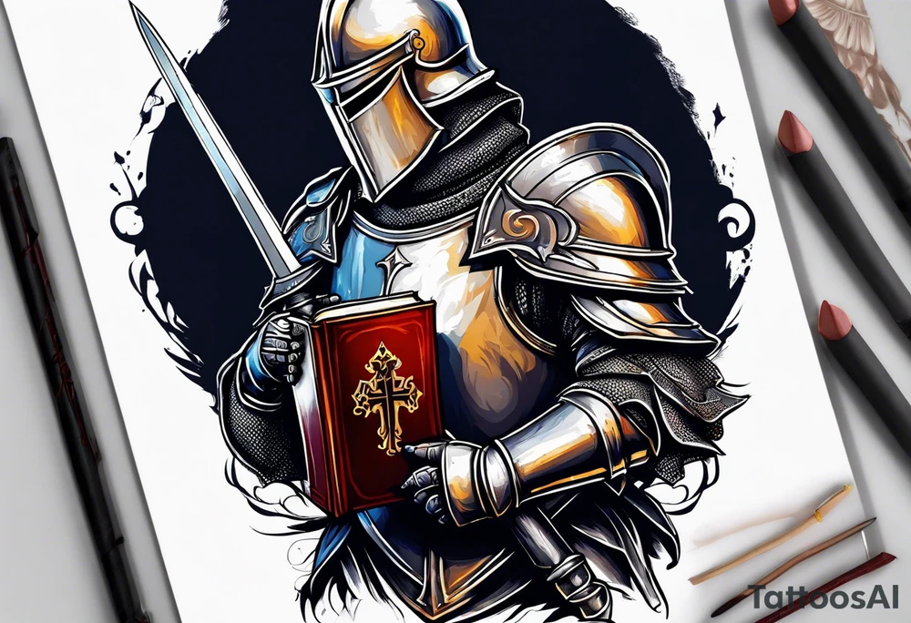 knight holding a bible over his head tattoo idea