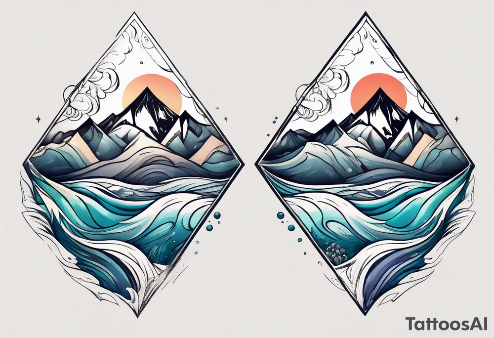 Mountains and big ocean waves  crashing diamond shape half and half tattoo idea