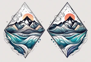 Mountains and big ocean waves  crashing diamond shape half and half tattoo idea