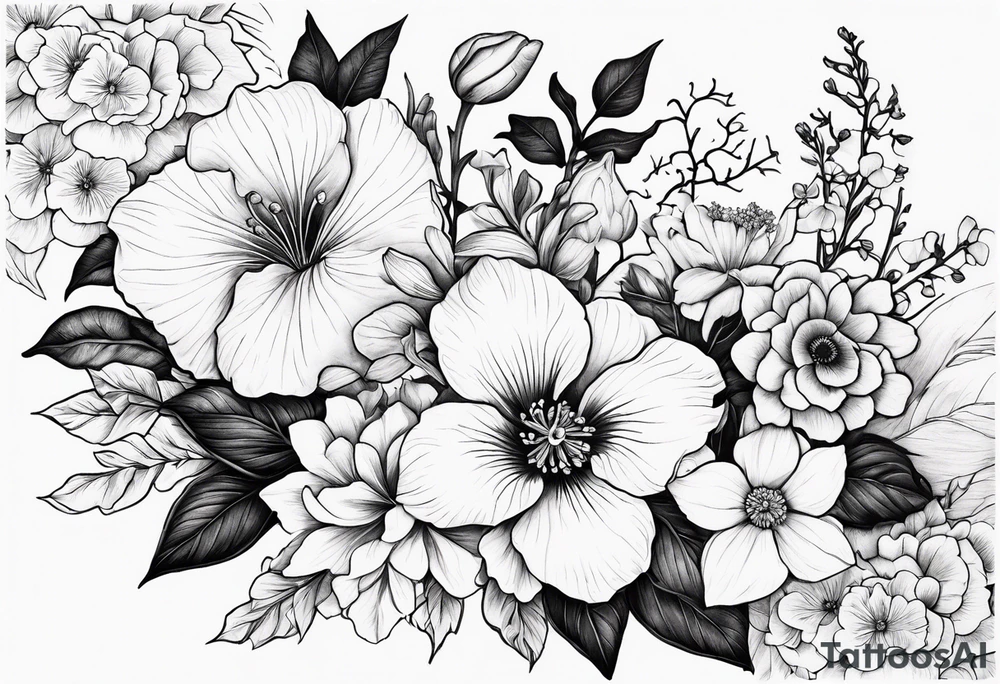 Floral Bouquet with blue hydrangea, Gladiolus, Poppy, Daisy, Sweet Pea, Narcissus, Poinsettia, and Holly tattoo idea