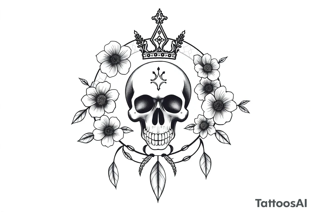 Mandala dream catcher with detailed beautiful gothic boho flowers on vine and skull with gorgeous crown tattoo idea