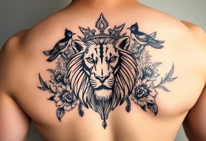 powerful majestic lion with a crown, surrounded by floral ornaments and birds tattoo idea