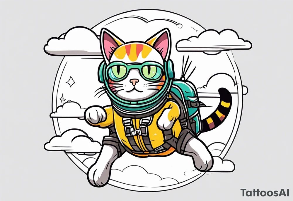 cat going skydiving with parachute in the rick and morty style tattoo idea