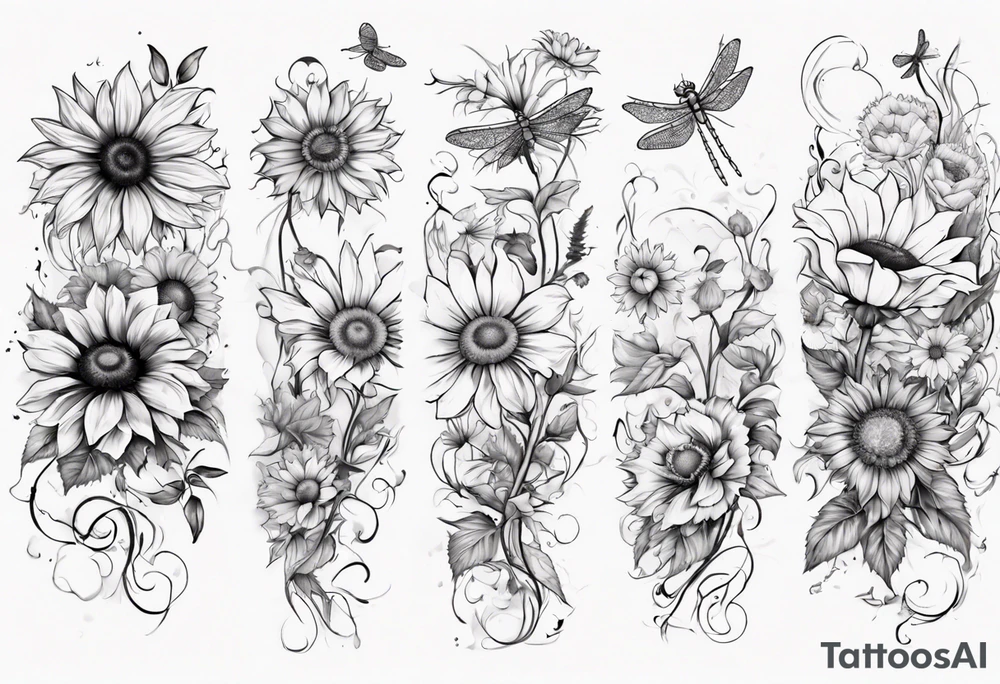 Arm sleeve, sunflowers, dragonflies, three cosmos flower, one violet, one carnation, vines and leaves tattoo idea