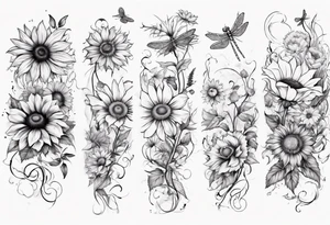 Arm sleeve, sunflowers, dragonflies, three cosmos flower, one violet, one carnation, vines and leaves tattoo idea