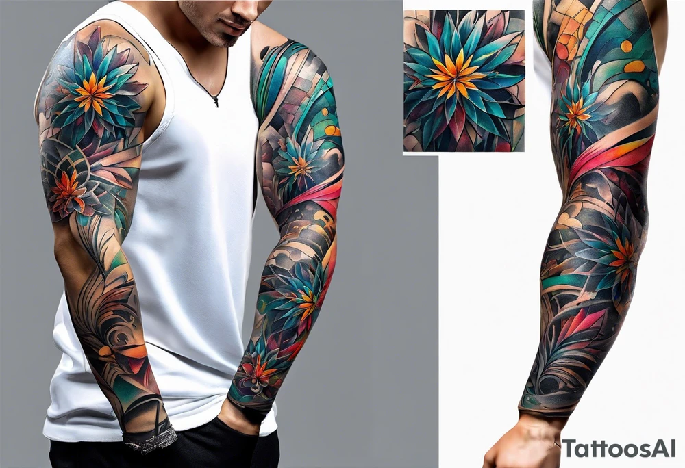 flow abstract large forearm tattoo with lines, splatters, circles tattoo idea