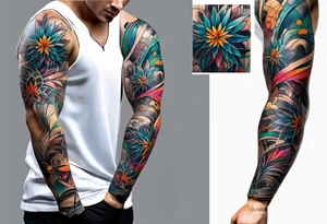 flow abstract large forearm tattoo with lines, splatters, circles tattoo idea