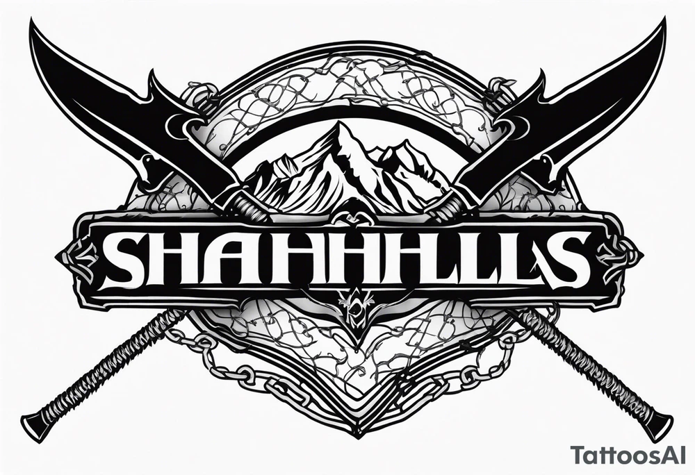 Valhalla sword round shield axe barbed wire chains tattoo idea