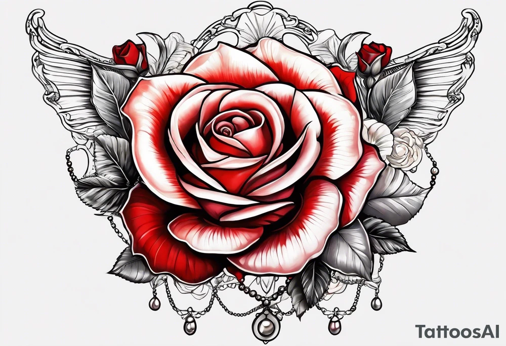 Red rose with a pearl necklace and a seashell tattoo idea