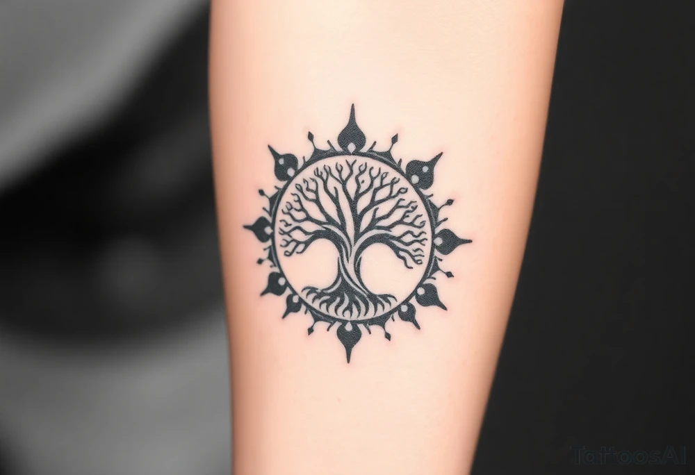 Tree encircled in a spiral sun or circle tattoo idea