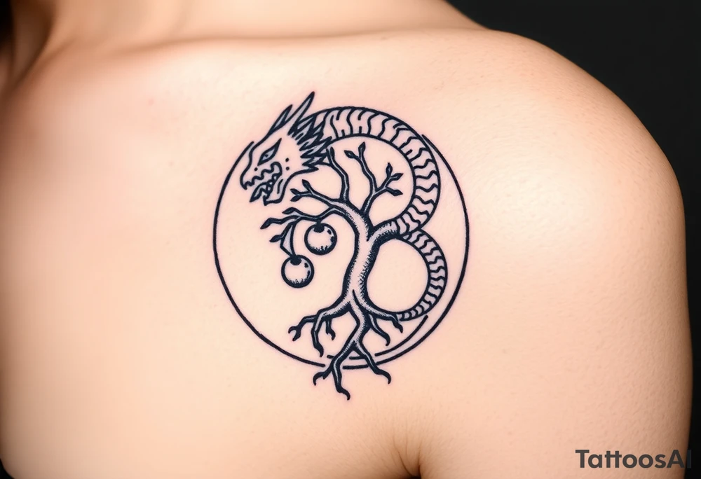 a dragon forming a circle with its body.  the dragon encircles the tree of life.   the tree of life has fruit  and the dragon is eating the fruit. the roots of the tree are strangling the tail of the dragon tattoo idea