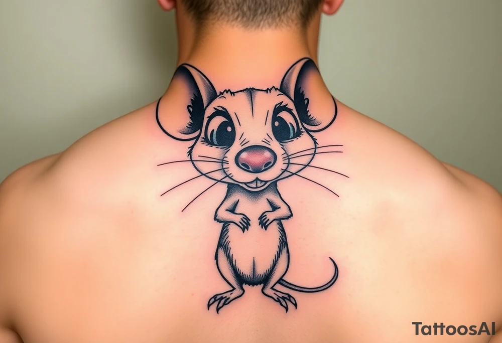 so--try it from the profile...a big head, big eyes, outside the head, big nose
A rat standing uprightwith all his body
Very large, bulging eyes popping out
A cheeky smile
Cartoon style, not baby-like tattoo idea
