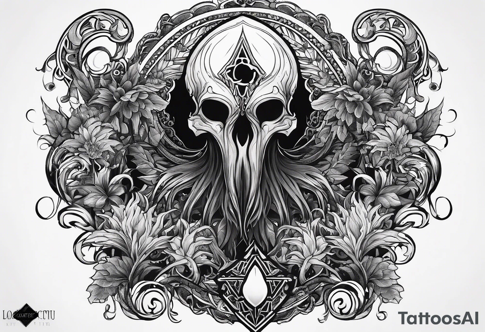 Long tattoo for arm. Lovecraftian creature, protecting a heart. Ctulhu. tattoo idea