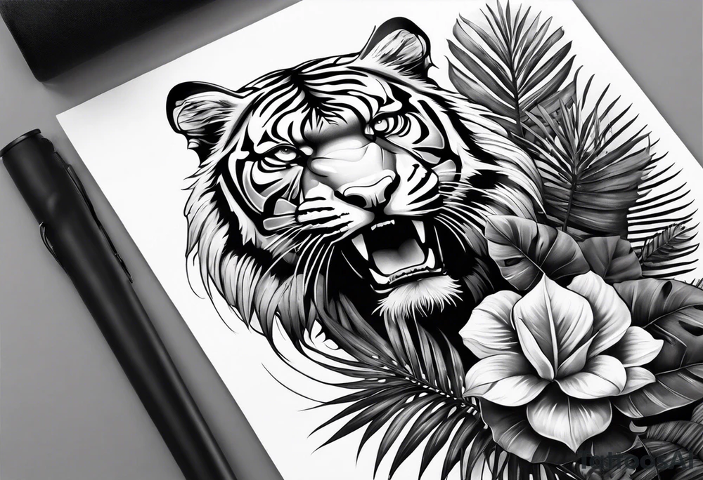 Full tattoo sleeve with minimalist tiger coming down shoulder, monstera foliage on forearm, beach landscape on bicep tattoo idea