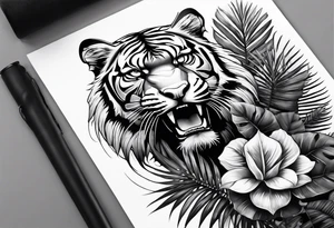Full tattoo sleeve with minimalist tiger coming down shoulder, monstera foliage on forearm, beach landscape on bicep tattoo idea