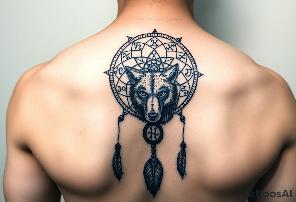 Dreamcatcher with zodiac symbols and protection runes caught in it with wolf tattoo idea