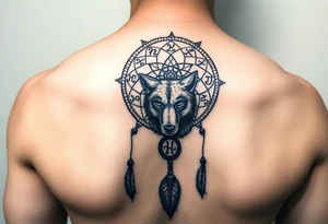 Dreamcatcher with zodiac symbols and protection runes caught in it with wolf tattoo idea
