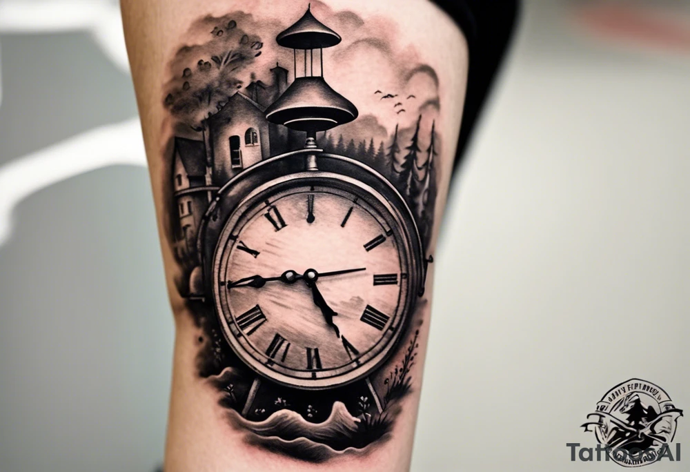 Le tattoo doit intégrer, un paysage montagneux, une horloge à 21h44.
Il faut aussi une pellicule de cinéma déroulée. Un vieux chapeau de l'armée italienne. des petits champignons au bord d'une rivière. tattoo idea