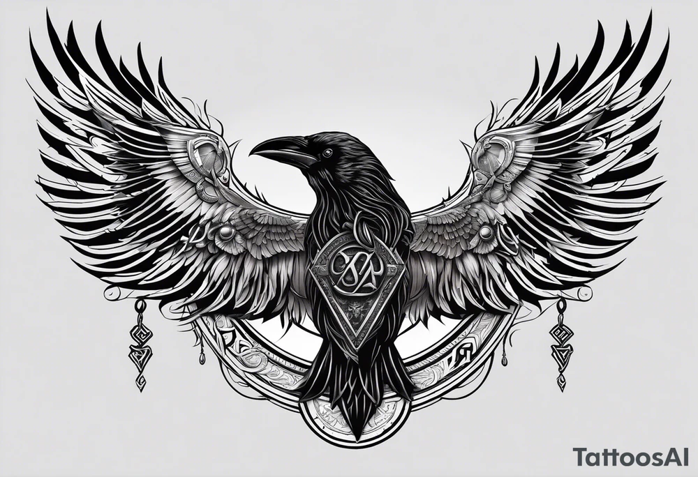 Black and white odins raven in a Norse rune style for placement on the neck with the ravens wings going up the sides of the neck. Norse knots and runes throughout tattoo idea