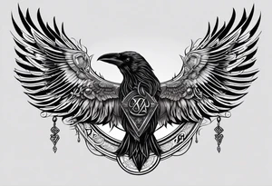 Black and white odins raven in a Norse rune style for placement on the neck with the ravens wings going up the sides of the neck. Norse knots and runes throughout tattoo idea