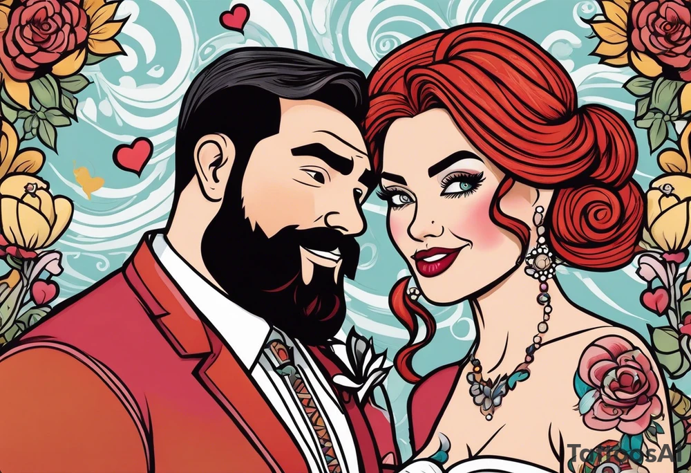 Busty red haired woman with a bearded man who has black hair getting married tattoo idea