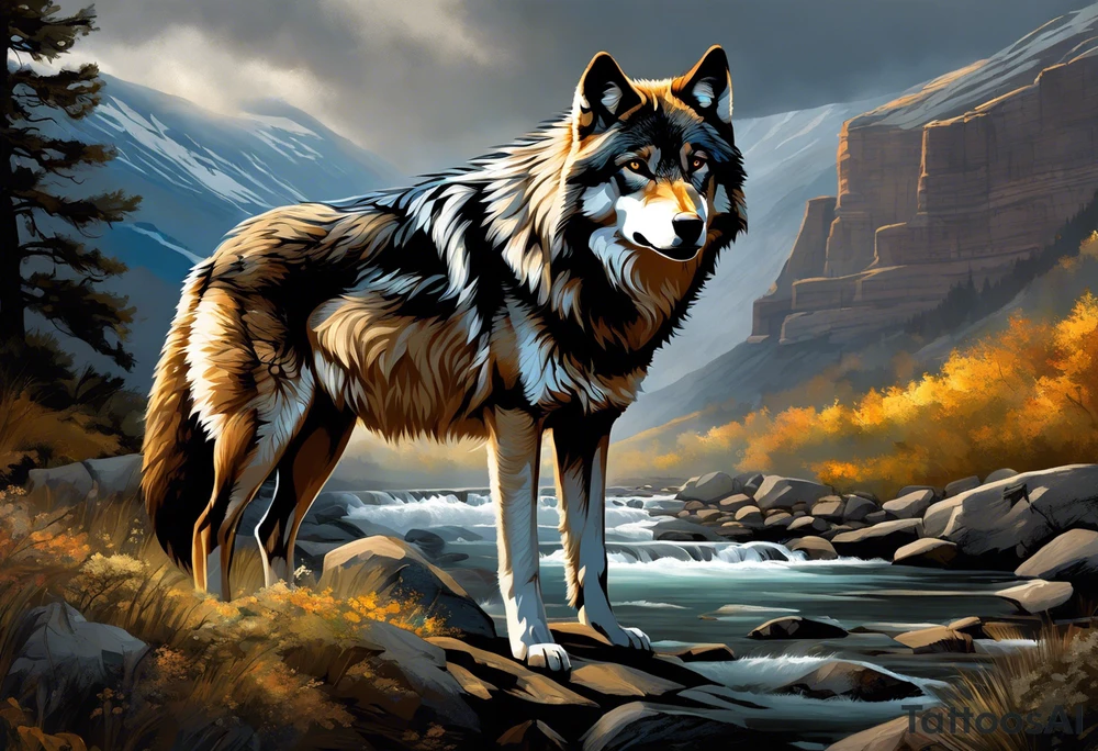 solitary wolf navigating through a rugged, detailed terrain, with each element meticulously shaded to capture the essence of life's struggles. The wolf's intense gaze conveys determination and resilience, while the landscape around it mirrors the challenges faced – rocky cliffs, turbulent rivers, and stormy skies. Subtle touches of color add depth and dimension, enhancing the realism of the design. Alongside the wolf, the phrase "Strength in Adversity" is delicately scripted, tying together the theme of overcoming life's battles with authenticity and grace. tattoo idea