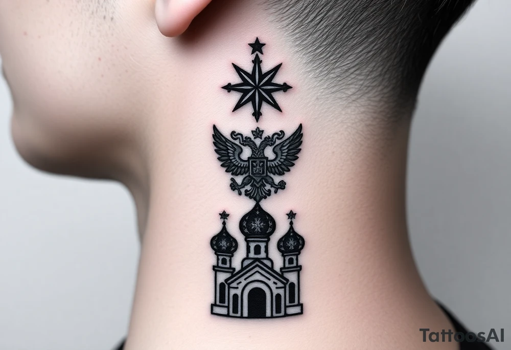 Stacked Vertical Column 

Russian star — small, bold
Middle: Miniature double-headed eagle — simplified, cleaner lines to suit the smaller space
Bottom: Orthodox church dome(s) with a small Virgin Mary silhouette beneath tattoo idea