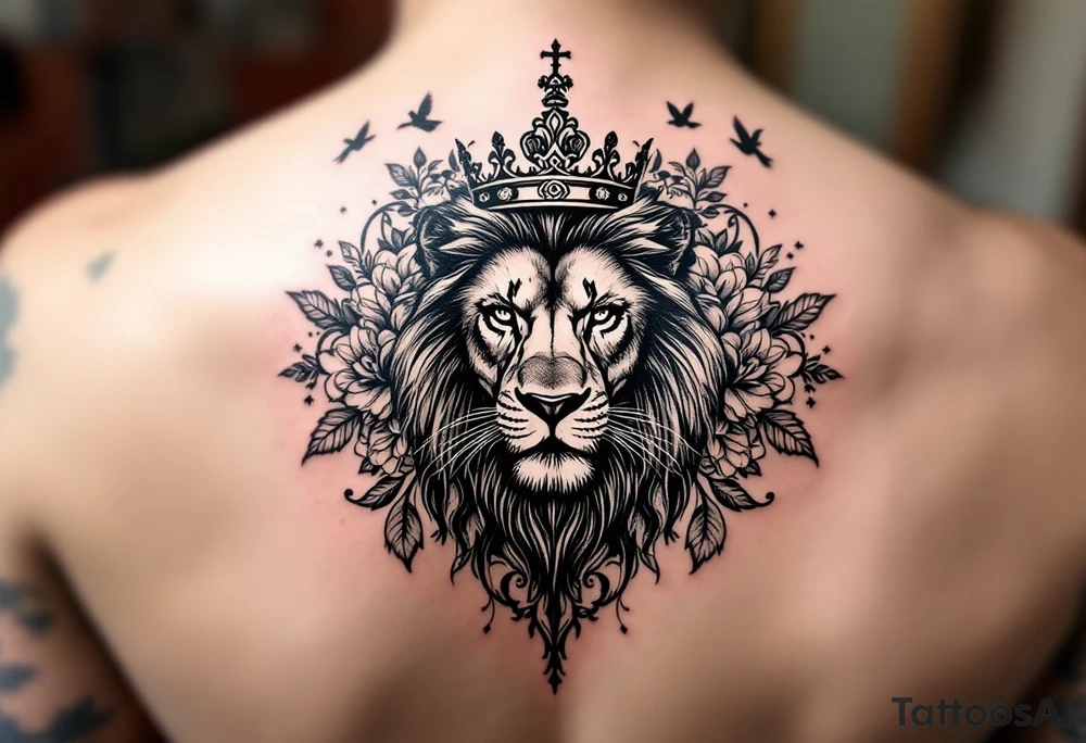 powerful majestic lion with a crown, surrounded by floral ornaments and birds tattoo idea