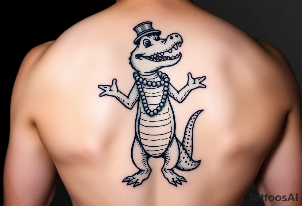 cartoon Mardi gras alligator standing up and dancing wearing beads tattoo idea