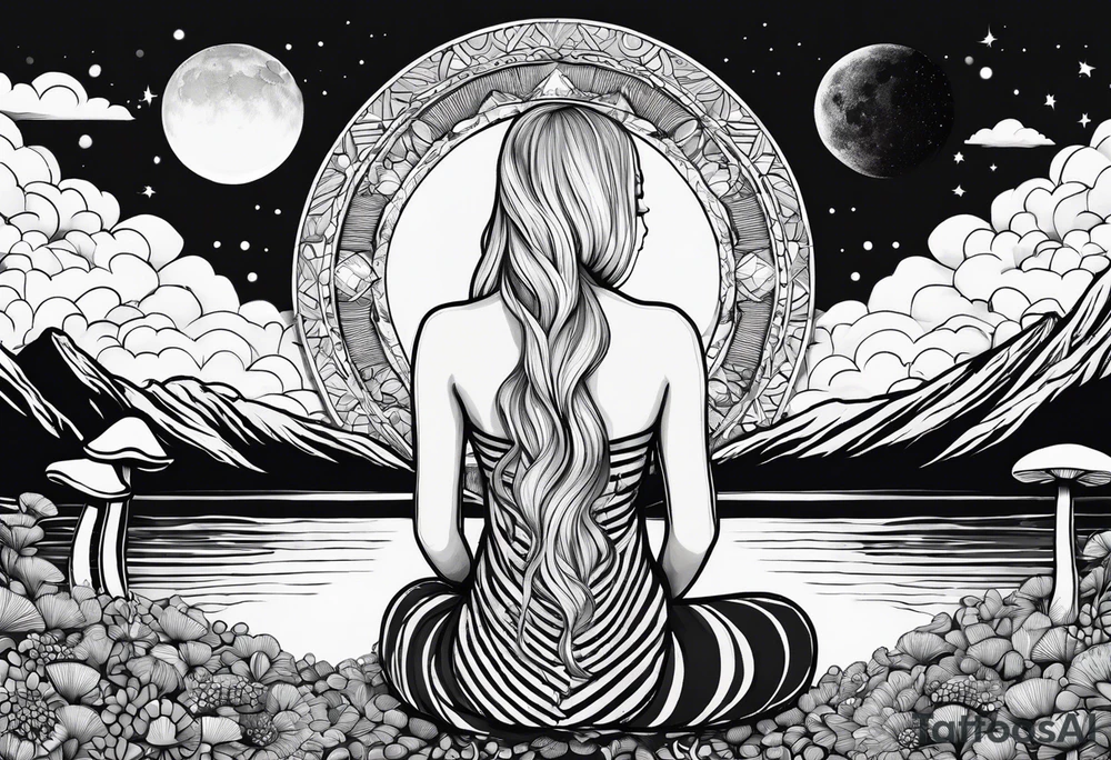 Straight blonde hair girl meditating facing away toward mountains surrounded by mushrooms crescent moon mandala circular design black and white striped dress tattoo idea