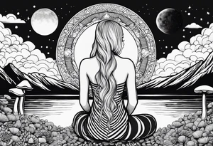 Straight blonde hair girl meditating facing away toward mountains surrounded by mushrooms crescent moon mandala circular design black and white striped dress tattoo idea