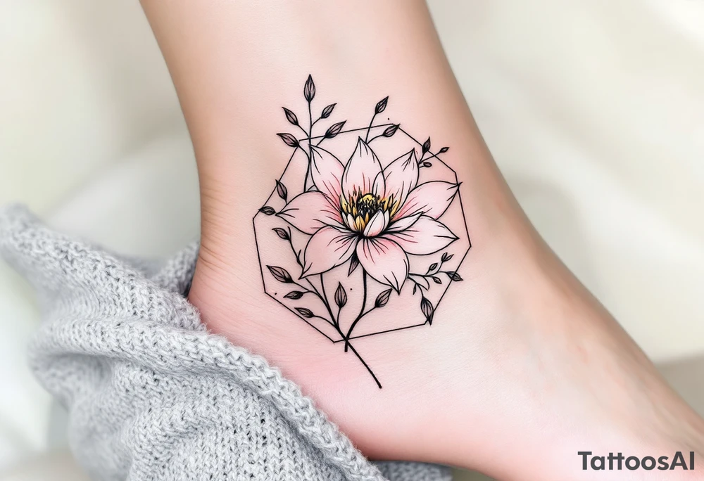 Leo, larkspur and water lily surrounded by a hexagon tattoo idea