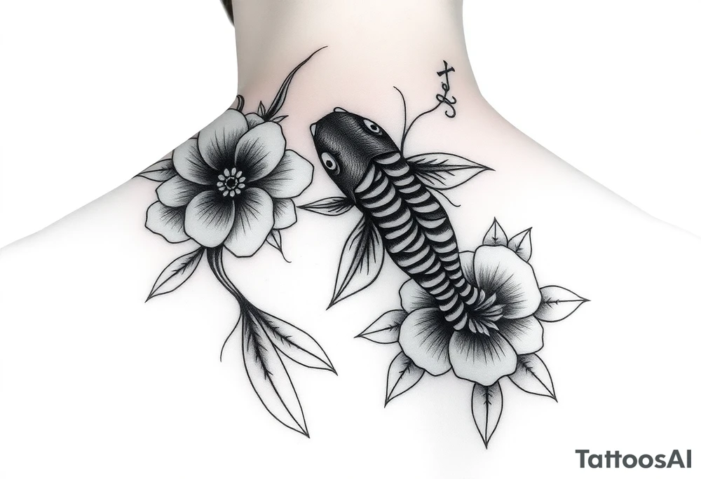 I want the tattoo starting at my collar bone, and I want it to go down my arm, but doesn’t go past my elbow. I want my middle name, Sané” on my collarbone area and I want the red and black koi fish too on my shoulder area. And I want flowers that represent healing, happiness, and peace and purity. tattoo idea