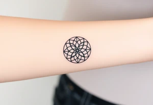 A minimalist black ink Flower of Life, centered on the forearm, with perfect geometric symmetry in cyrcle round tattoo idea