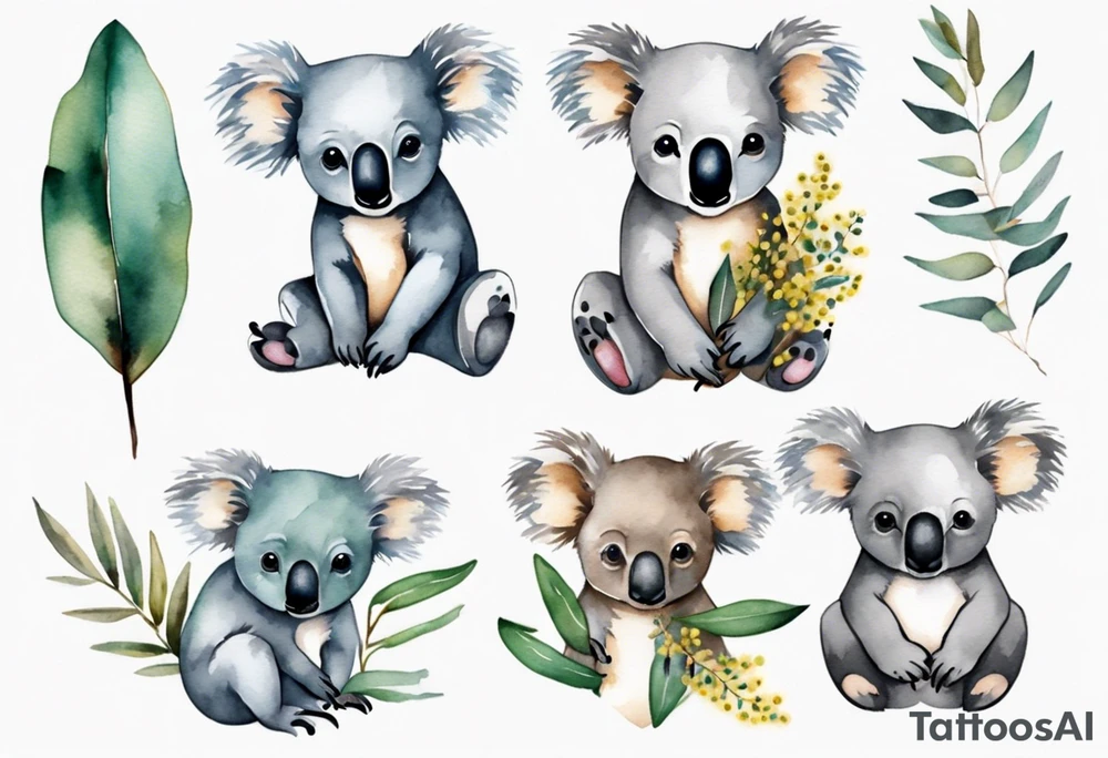 Small koala with eucalyptus leaves and wattle leaves tattoo idea