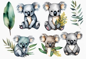 Small koala with eucalyptus leaves and wattle leaves tattoo idea