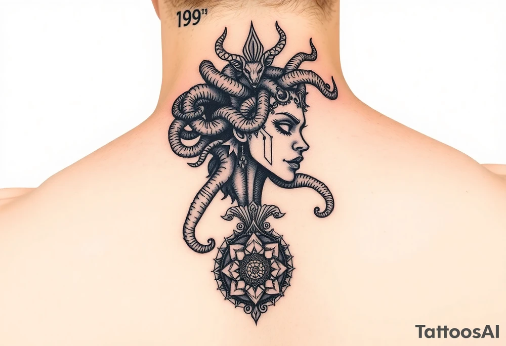 Side portrait of Medusa with snakes heads and mandala tattoo idea
