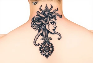 Side portrait of Medusa with snakes heads and mandala tattoo idea