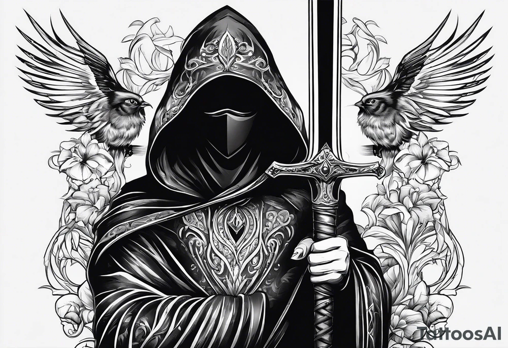 Shadow cloak with beautiful dagger in a form of protection tattoo idea
