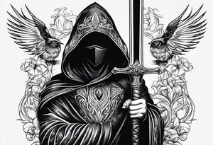 Shadow cloak with beautiful dagger in a form of protection tattoo idea